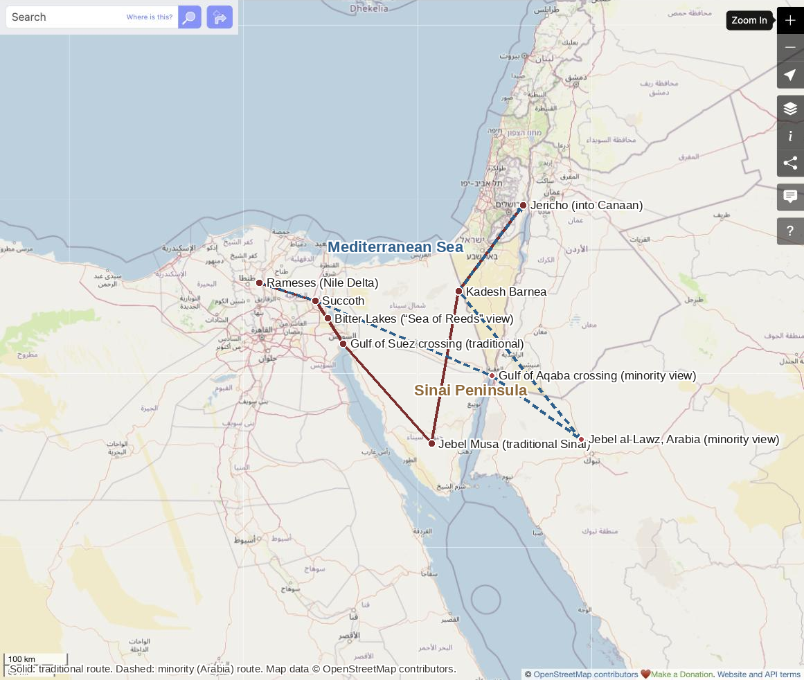 Real map of Egypt, the Sinai Peninsula, and Canaan showing two proposed Exodus routes