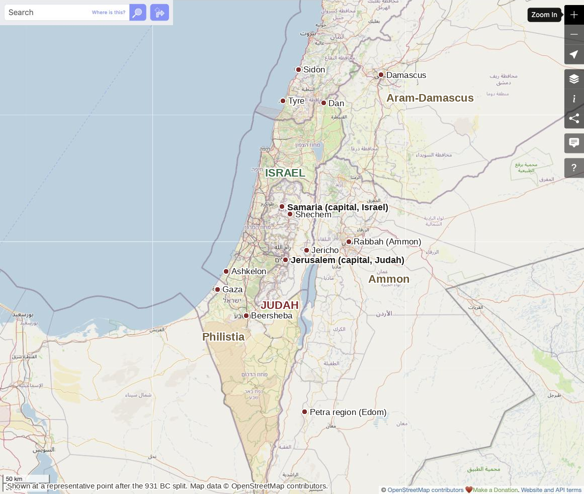 Real map of Israel and Judah with neighboring peoples after the kingdom split