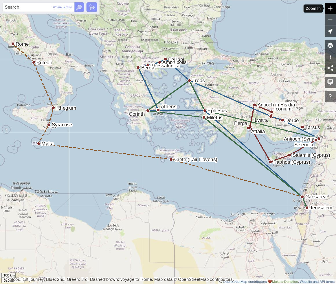 Real map of the eastern Mediterranean showing Paul's four journeys